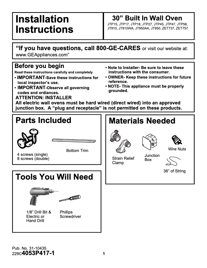 Page 1 de la notice Guide d'installation GE Profile JTP18AAAA