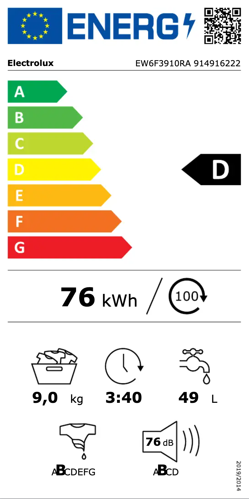 Page 1 de la notice Label énergétique Electrolux EW6F3910RA