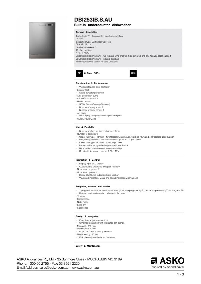 Page 1 de la notice Fiche technique Asko DBI253IB.S.AU