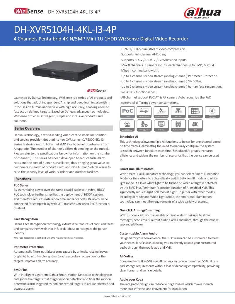Page 1 de la notice Fiche technique Dahua Technology XVR5104H-4KL-I3-4P
