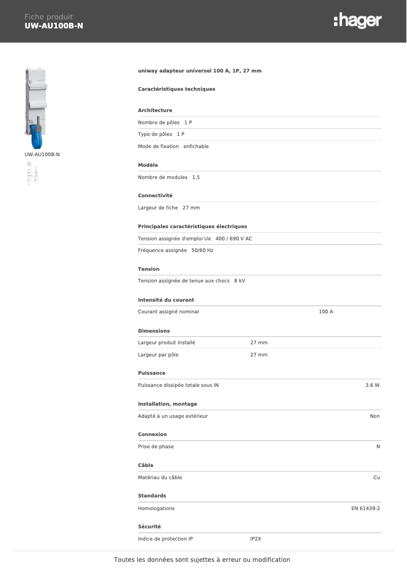 Page n°1 - Manuel utilisateur Hager UW-AU100B-N