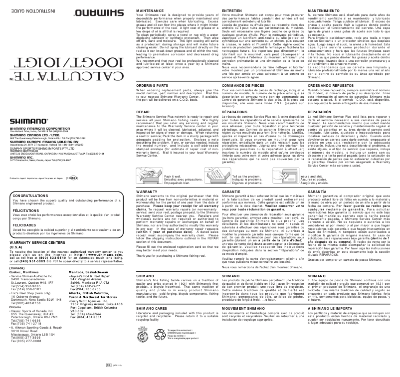 Page n°1 - Manuel utilisateur Shimano Calcutta TE 101GT