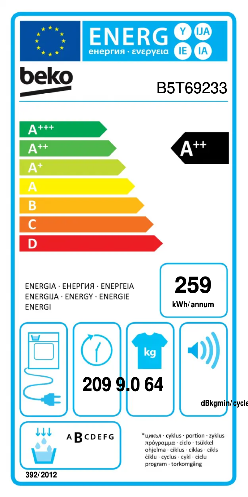 Page 1 de la notice Label énergétique Beko B5T69233