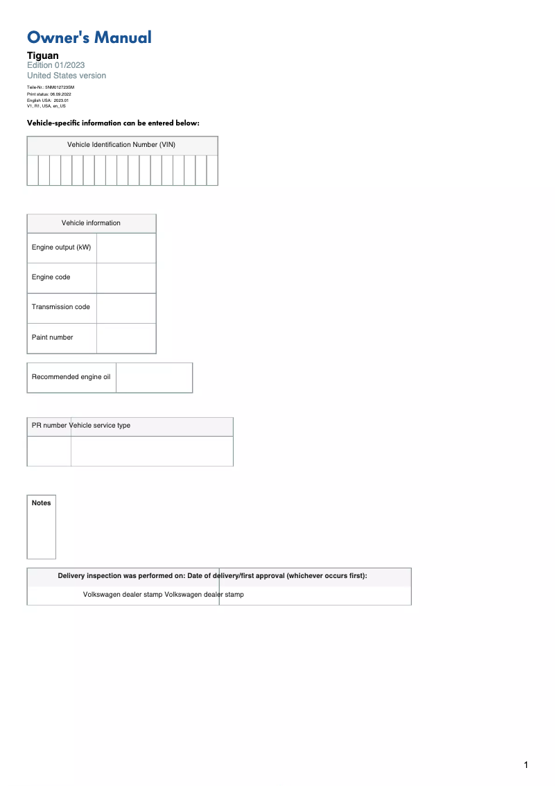 Image de la première page du manuel de l'appareil Tiguan (2023)