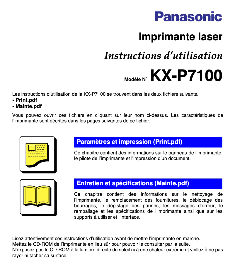 Page 1 de la notice Manuel utilisateur Panasonic KX-P7100
