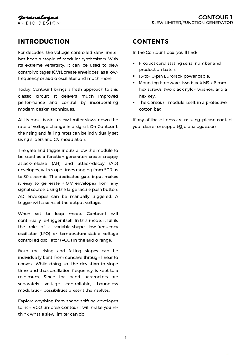 Page 1 de la notice Manuel utilisateur Joranalogue Contour 1