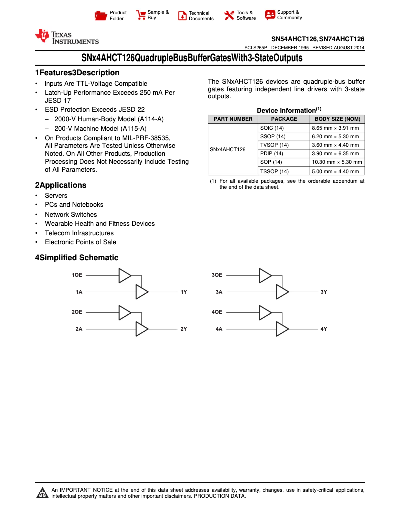 Page 1 de la notice Manuel utilisateur Texas Instruments SN74AHCT126N