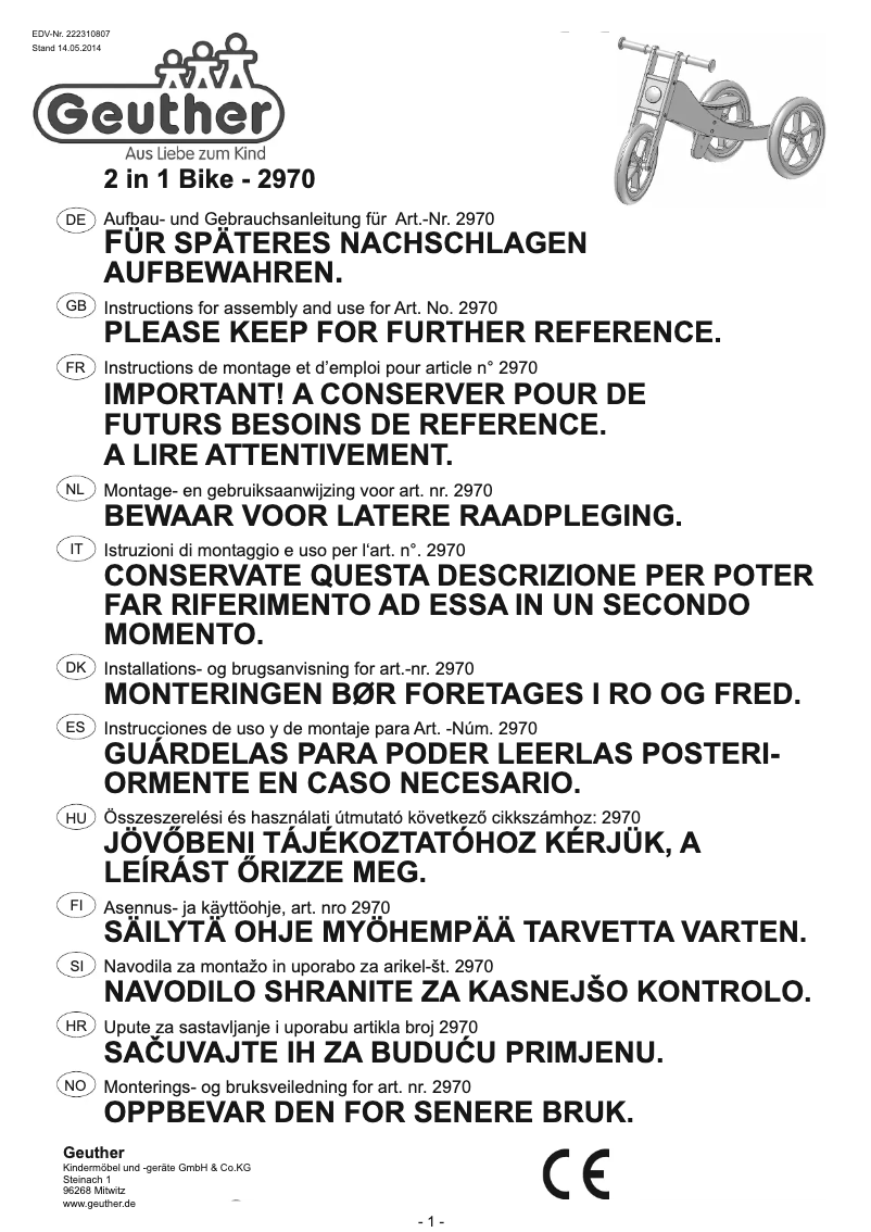 Page n°1 - Manuel utilisateur Geuther 2in1 Bike 2970
