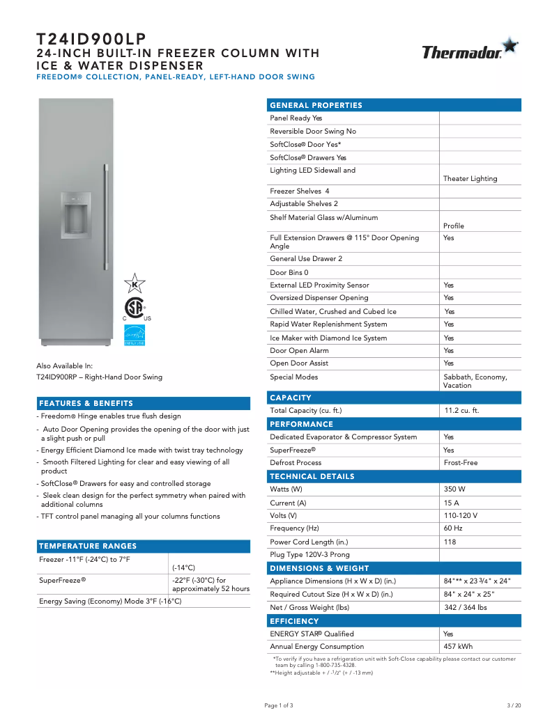 Page 1 de la notice Fiche technique Thermador T24ID900LP