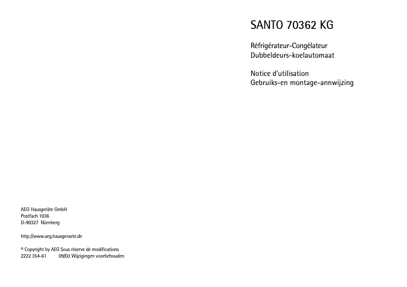 Page n°1 - Manuel utilisateur AEG Santo 70362 KG