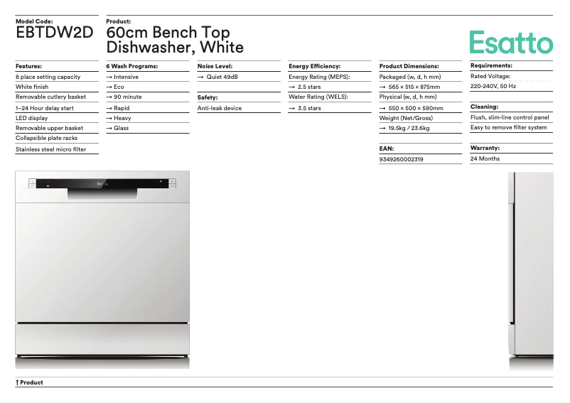 Page 1 de la notice Fiche technique Esatto EBTDW2D