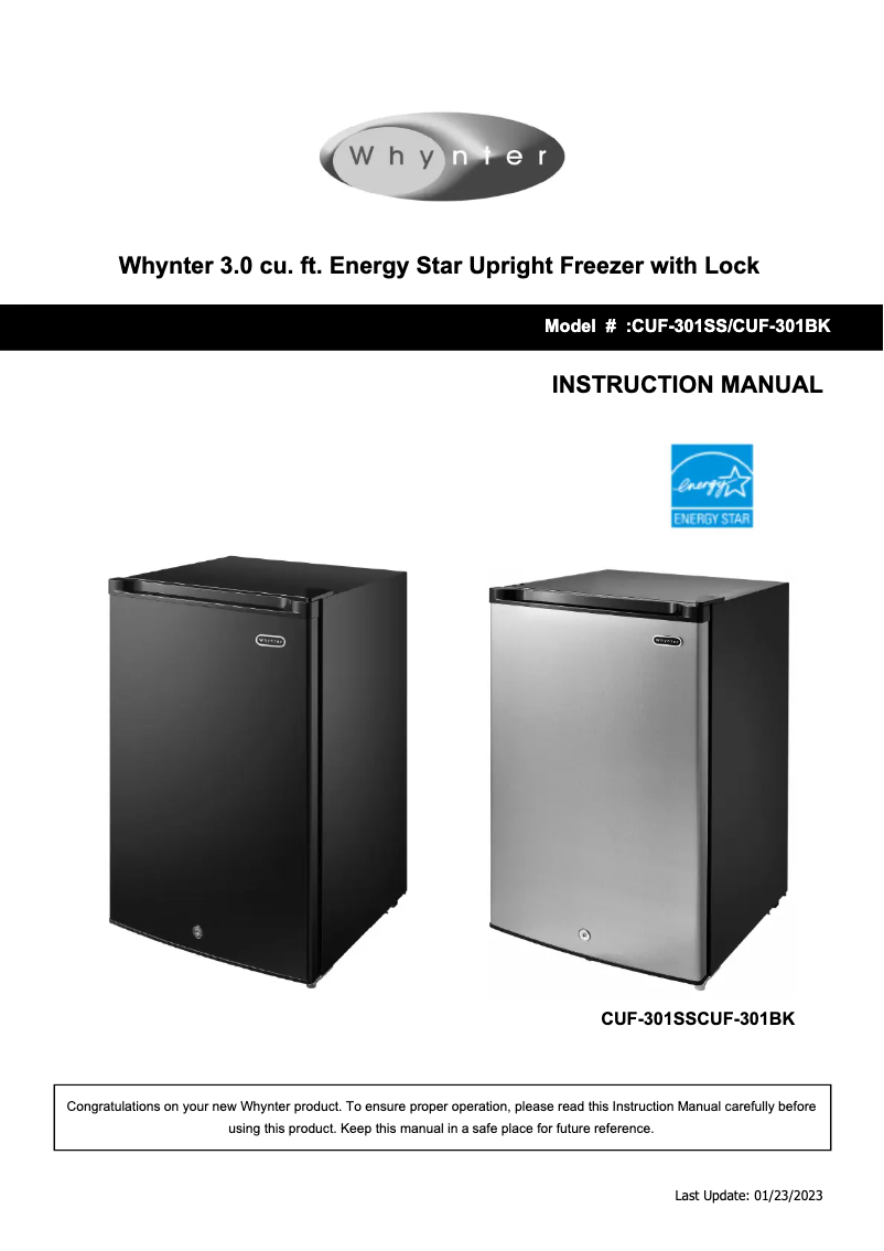 Page 1 de la notice Manuel utilisateur Whynter CUF-301SS