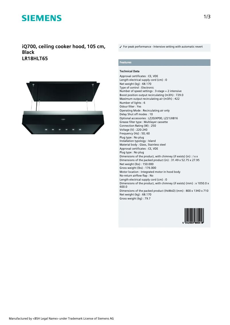 Página 1 del manual Ficha técnica Siemens LR18HLT65