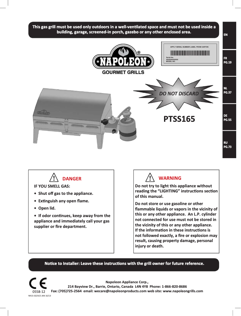Page n°1 - Manuel utilisateur Napoleon PTSS165 Marine