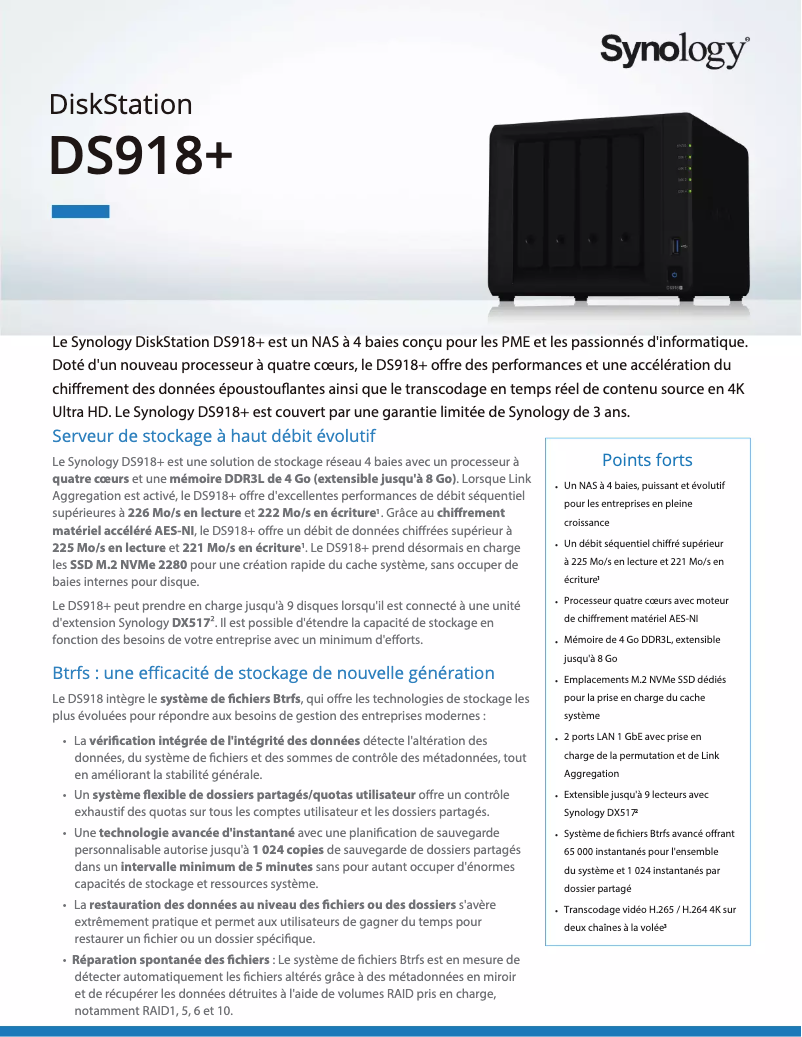 Page 1 de la notice Fiche technique Synology DiskStation DS918+