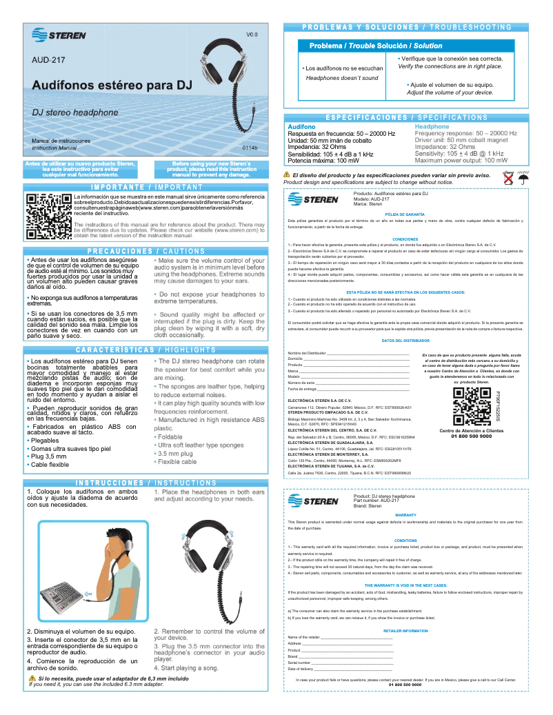 Page n°1 - Manuel utilisateur Steren AUD-217