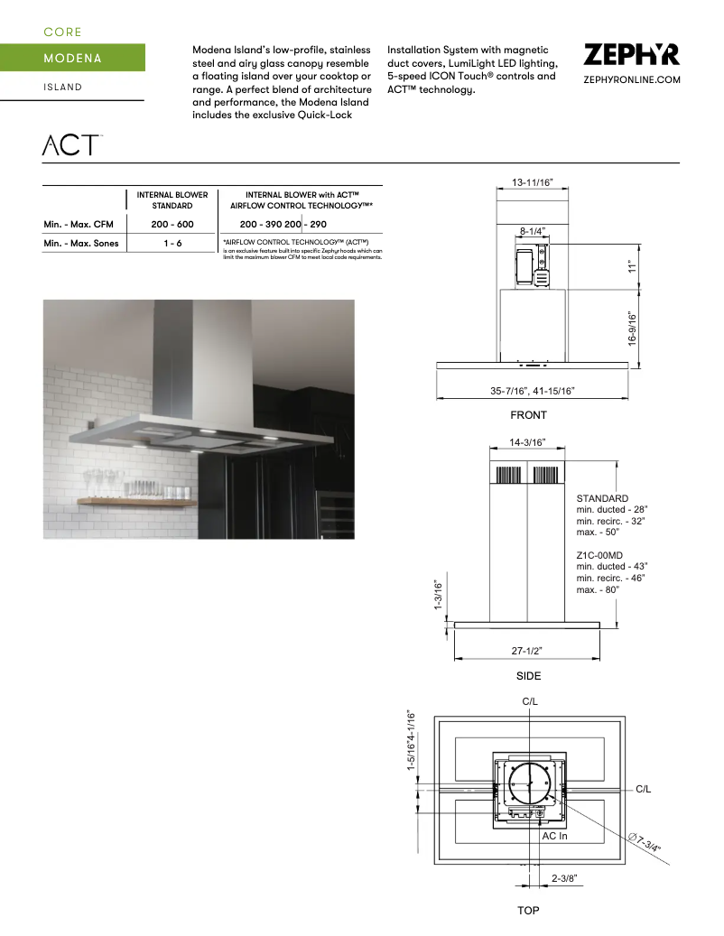 Page 1 de la notice Fiche technique Zephyr Modena ZMD-E42BS