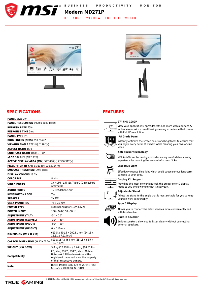 Page 1 de la notice Fiche technique MSI Modern MD271P