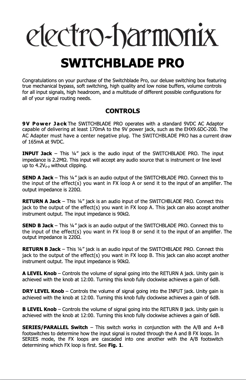 Page n°1 - Manuel utilisateur Electro Harmonix Switchblade Pro