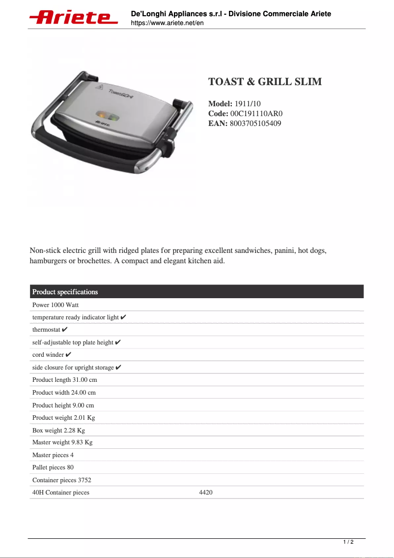 Page 1 de la notice Fiche technique Ariete Toast & Grill Slim 1911