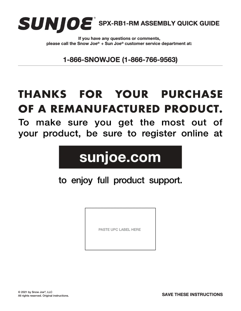 Page 1 de la notice Manuel utilisateur Sun Joe SPX-RB1-RM