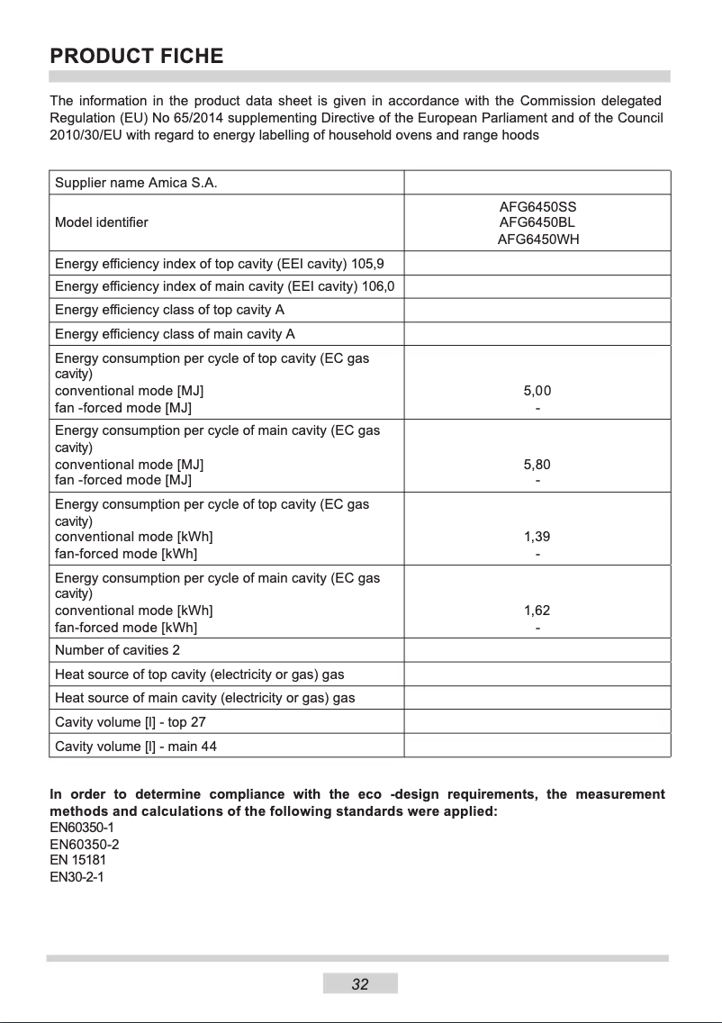 Page n°1 - Fiche technique Amica AFG6450BL
