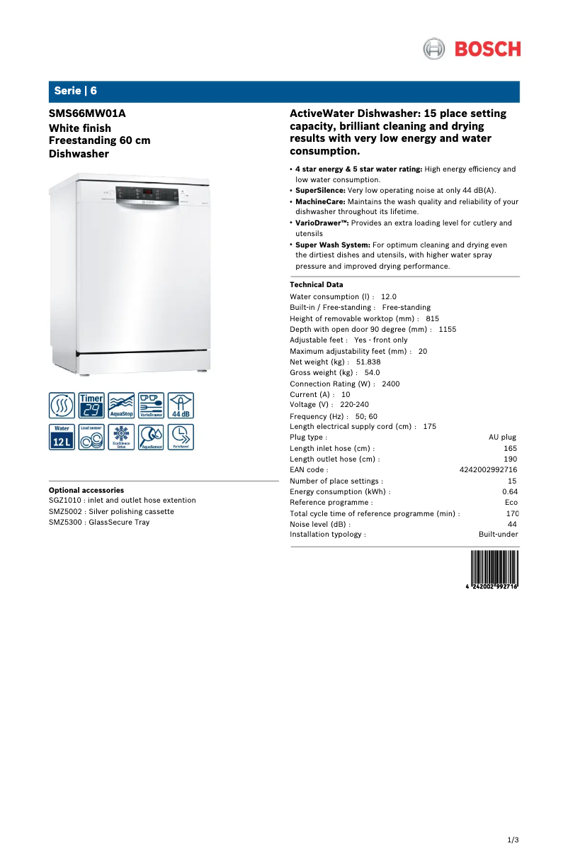 Page 1 de la notice Fiche technique Bosch SMS66MW01A