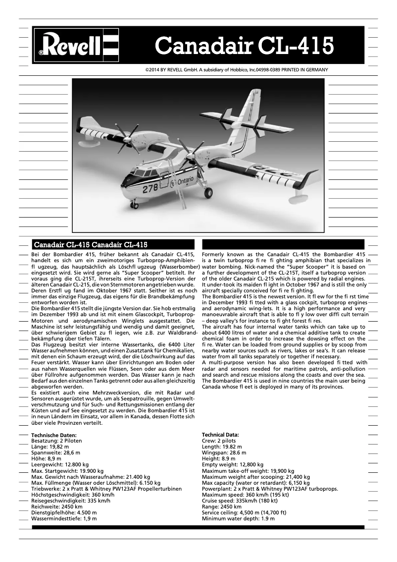 Page 1 de la notice Manuel utilisateur Revell Canadair BOMBADIER CL-415