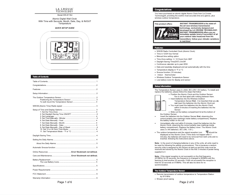 Page n°1 - Manuel utilisateur La Crosse Technology WS-8119U-IT-W
