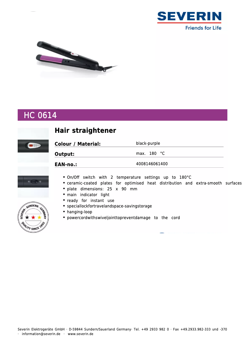 Page 1 de la notice Fiche technique Severin HC 0614
