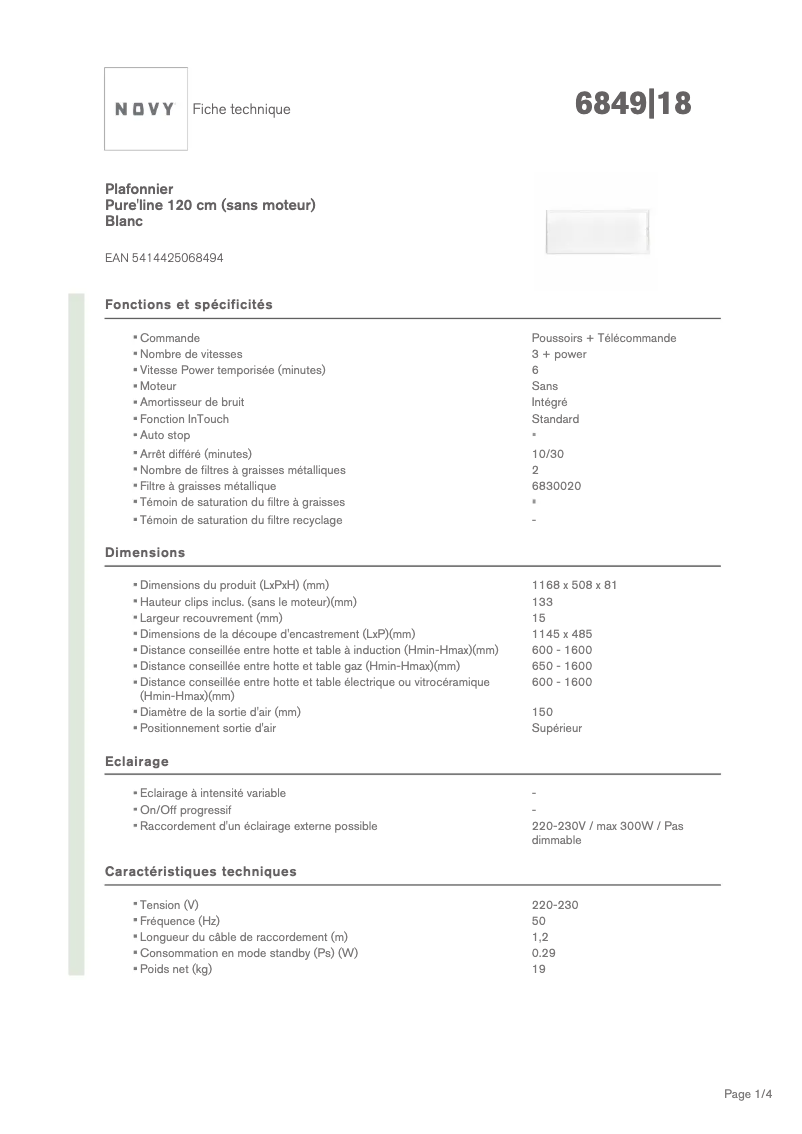 Page 1 de la notice Fiche technique Novy Pure'line 6849
