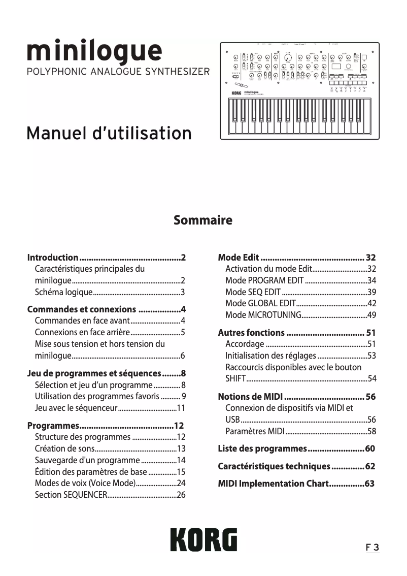 Page 1 de la notice Manuel utilisateur Korg Minilogue
