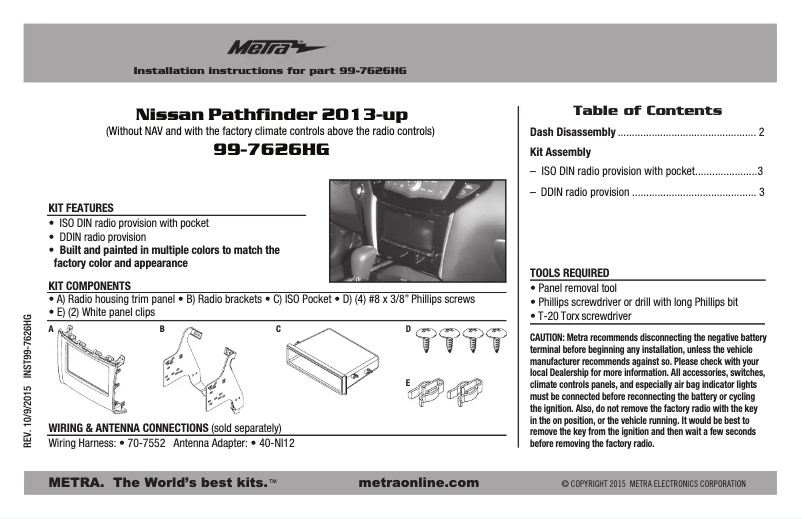 Page 1 de la notice Guide d'installation Metra 99-7626HG