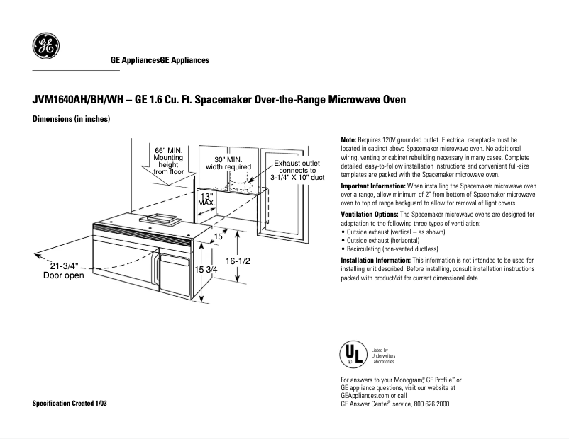 Página 1 del manual Ficha técnica GE JVM1640BH