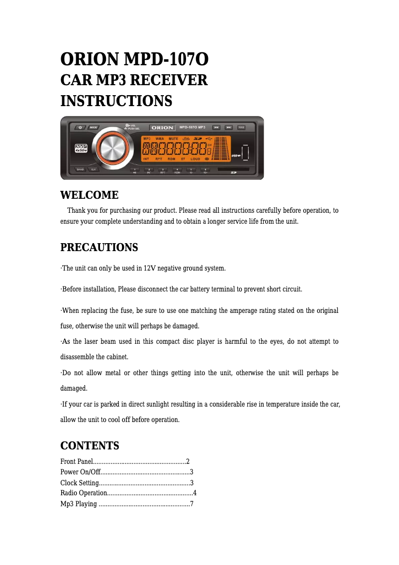 Page 1 de la notice Manuel utilisateur Orion MPD107O