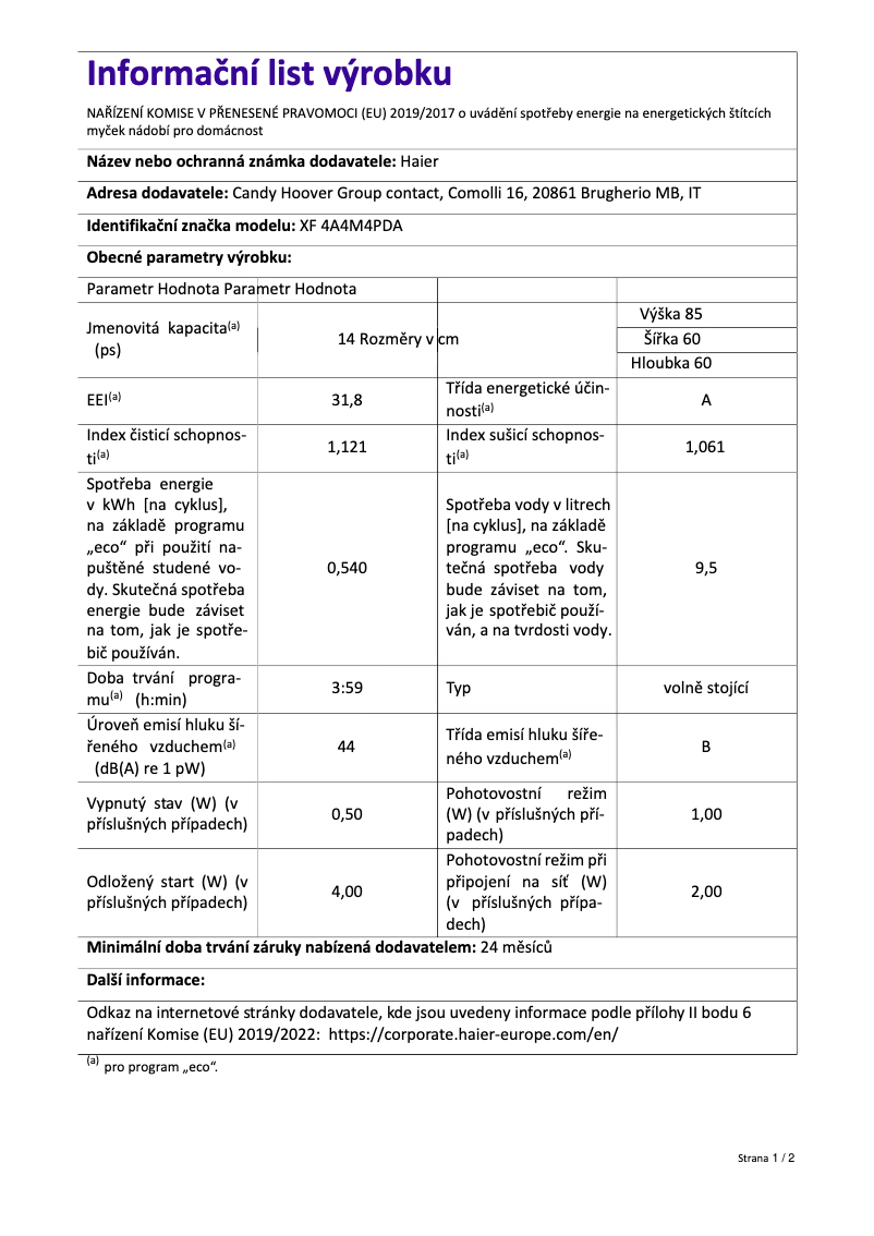 Page 1 de la notice Fiche technique Haier XF 4A4M4PDA