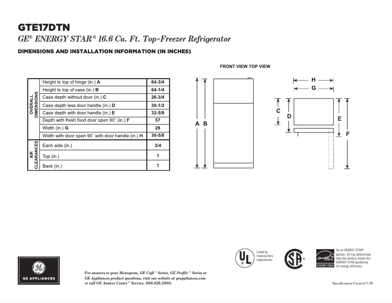 Page n°1 - Fiche technique GE GTE17DTNRWW