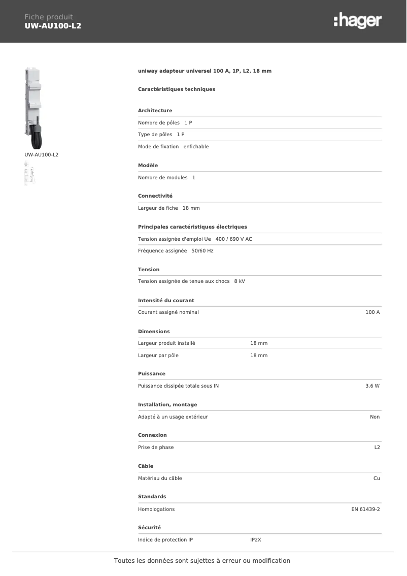 Page 1 de la notice Manuel utilisateur Hager UW-AU100-L2