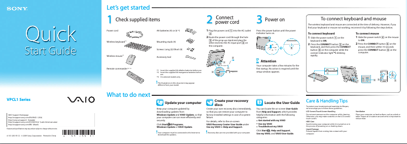 Page n°1 - Guide d'installation Sony Vaio VPCL111FX