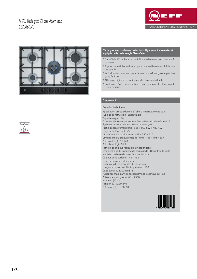 Page 1 de la notice Fiche technique Neff T27DA69N0