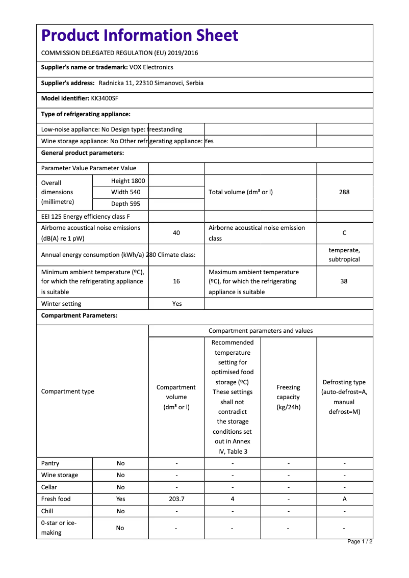 Page 1 de la notice Fiche technique VOX KK 3400 SF