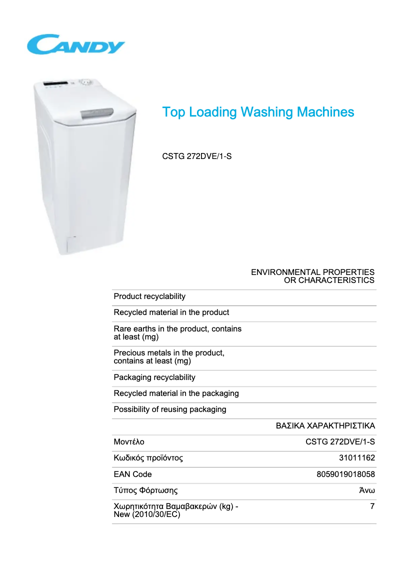 Page 1 de la notice Fiche technique Candy CSTG 272DVE/1-S