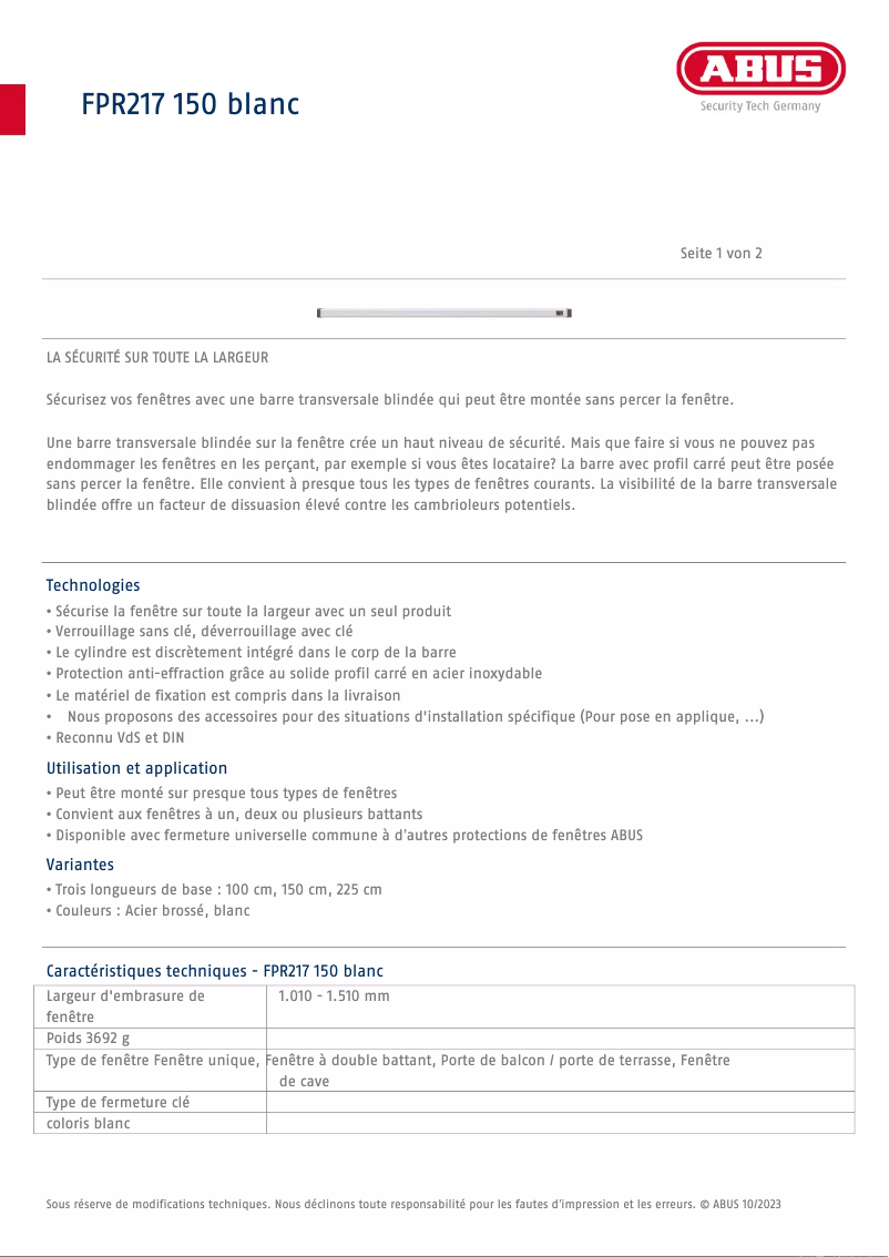 Page n°1 - Fiche technique Abus FPR217