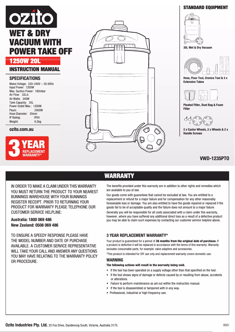 Page 1 de la notice Manuel utilisateur Ozito VWD-1235PTO