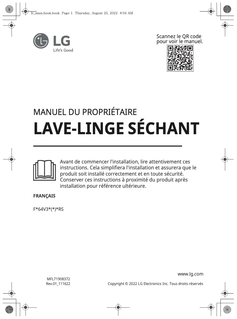 Page 1 de la notice Manuel utilisateur LG F964R33WRS