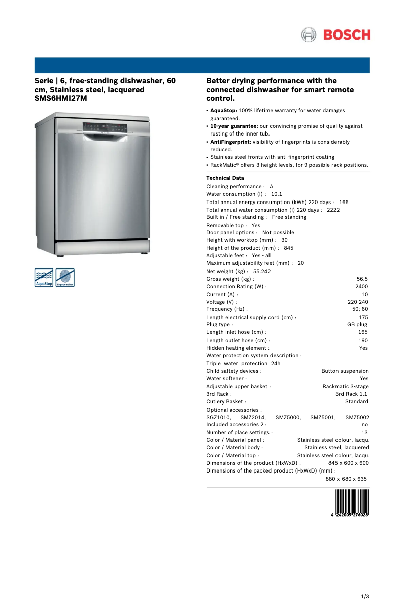 Page n°1 - Fiche technique Bosch SMS6HMI27M