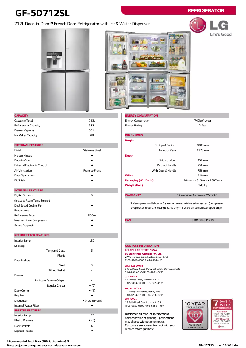 Page 1 de la notice Fiche technique LG GF-5D712SL