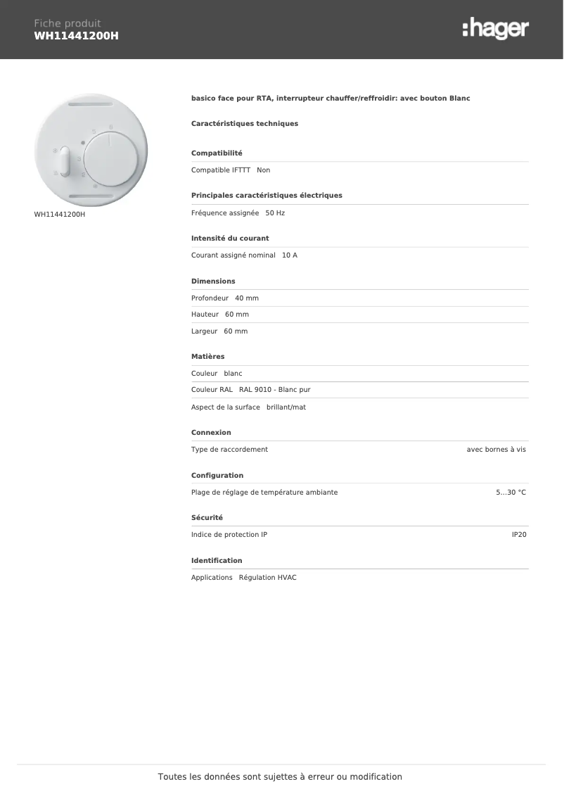 Page n°1 - Fiche technique Hager WH11441200H