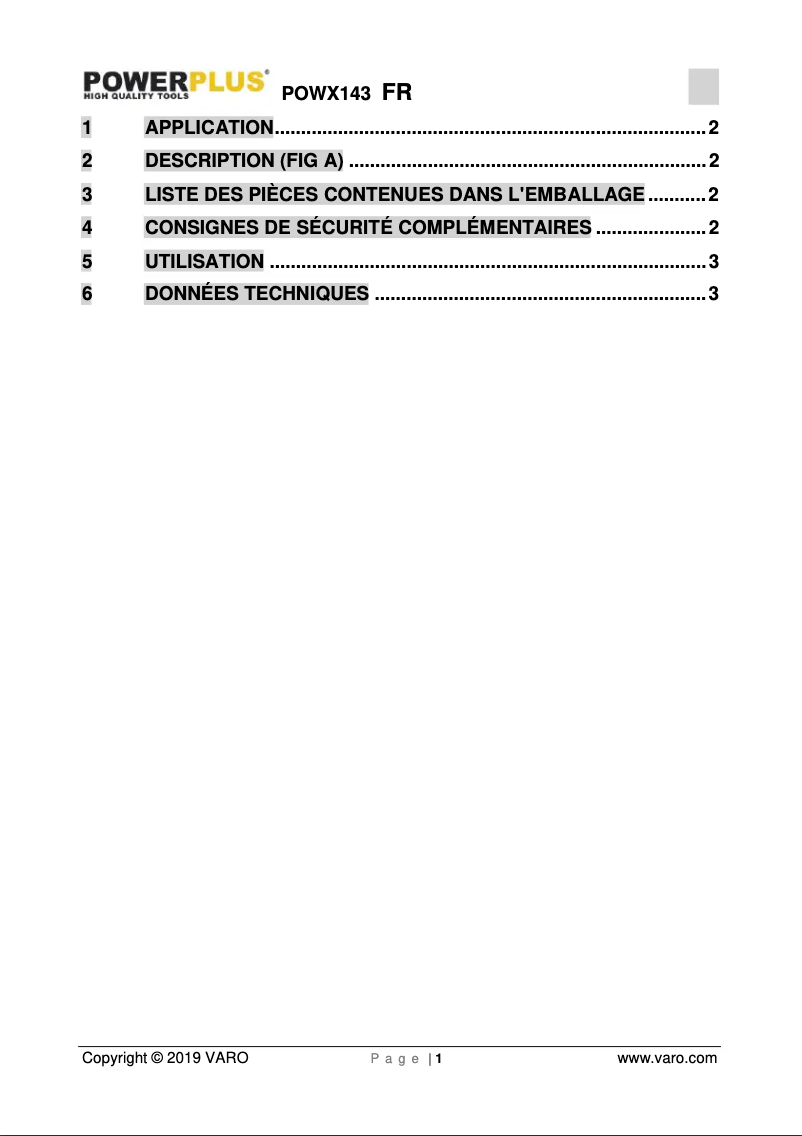 Page n°1 - Manuel utilisateur PowerPlus POWX143