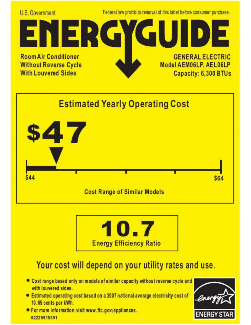 Page 1 de la notice Label énergétique GE AEL06LP